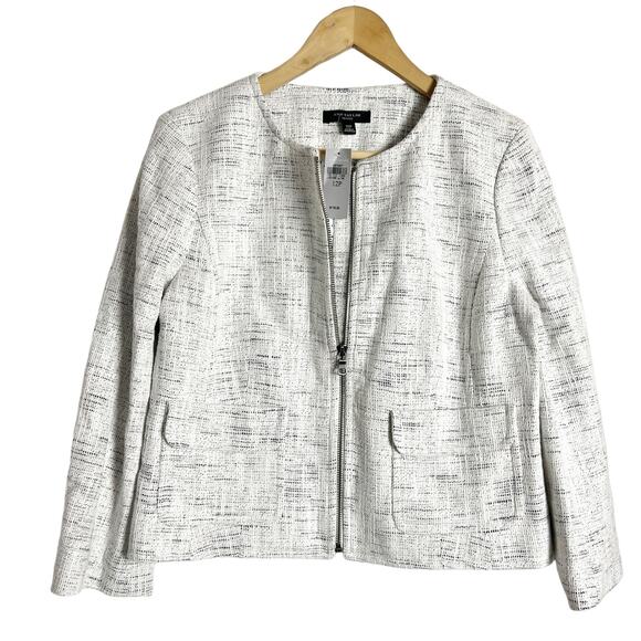 Ann Taylor White Gray Marled Tweed Zip Up Blazer Jacket Size 12 Petite - Picture 1 of 7